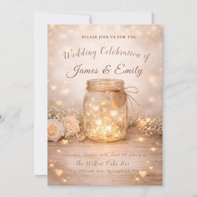 Convite Romantic Golden Light Hearts Wedding Invite (Frente)