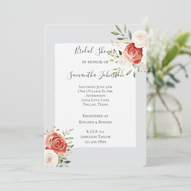 Convite Romantic Grey Red Cream Roses Bridal Shower (Em pé/Frente)