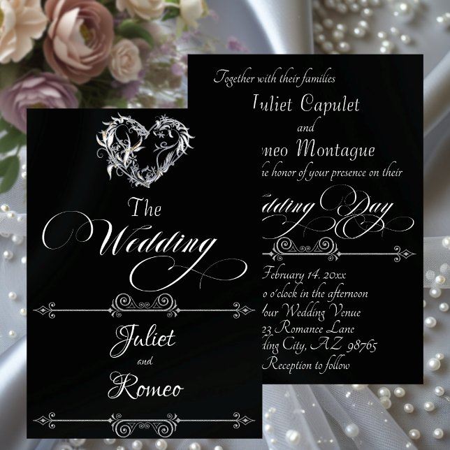 Convite Romantic Heart & Calligraphy on Black - Wedding (Criador carregado)