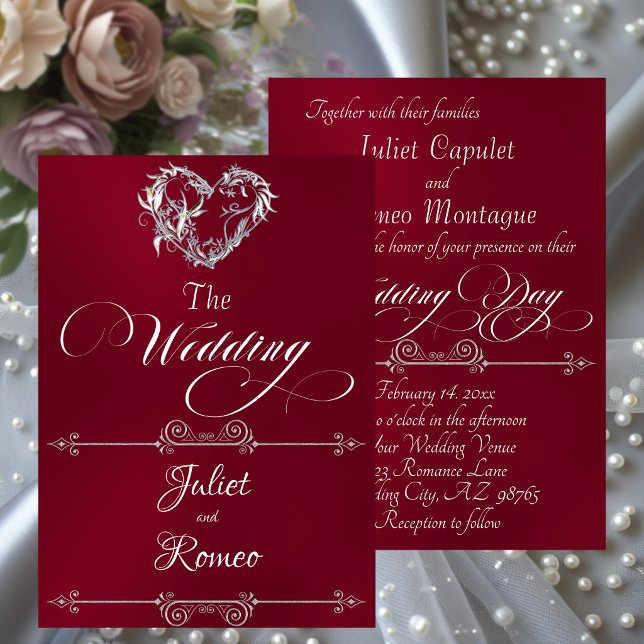 Convite Romantic Heart & Calligraphy on Burgundy - Wedding (Criador carregado)