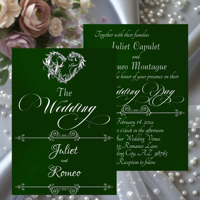 Convite Romantic Heart & Calligraphy on Emerald - Wedding (Criador carregado)