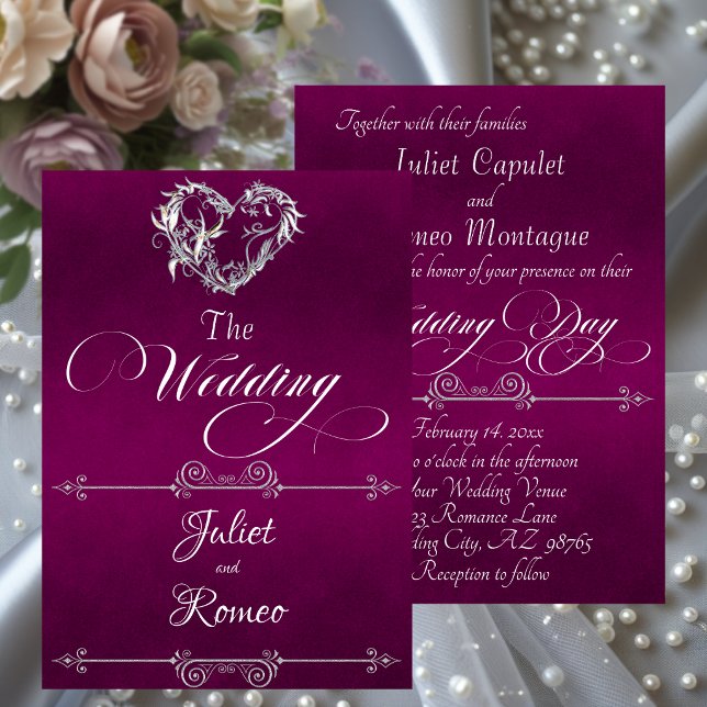 Convite Romantic Heart & Calligraphy on Plum - Wedding (Criador carregado)