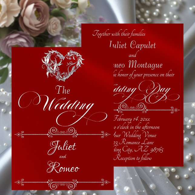 Convite Romantic Heart & Calligraphy on Red - Wedding (Criador carregado)