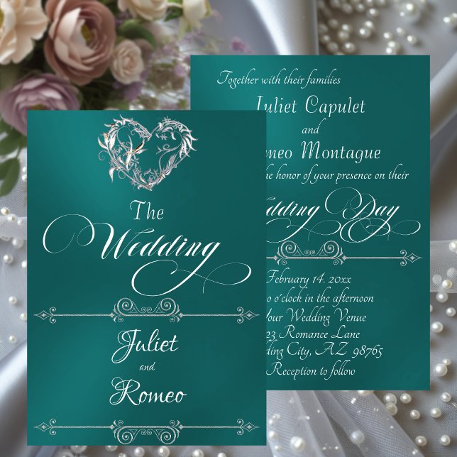 Convite Romantic Heart & Calligraphy on Teal - Wedding (Criador carregado)