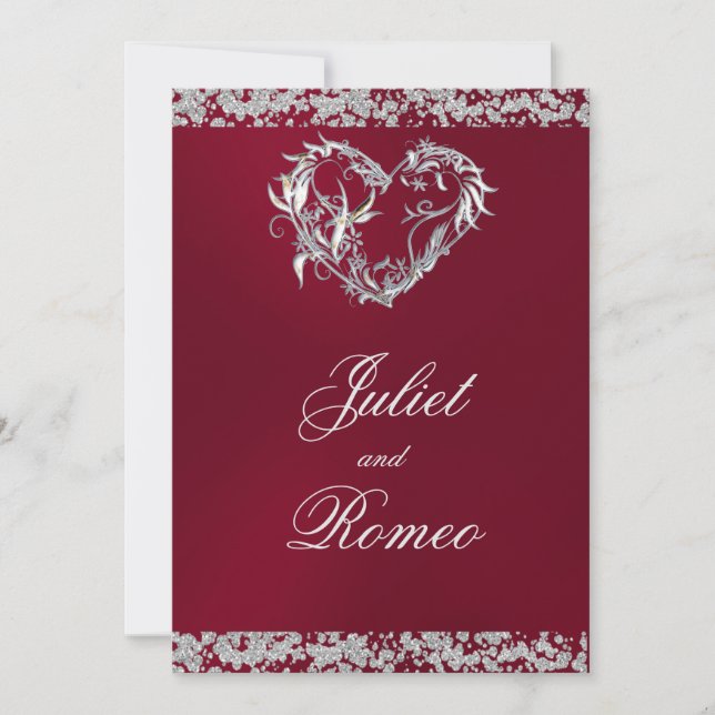 Convite Romantic Heart & Glitter on Burgundy Wedding (Frente)