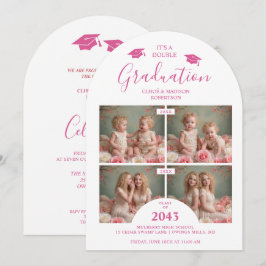 Convite Romantic Hot Pink 4-Photo Double Twins Grads TMF26