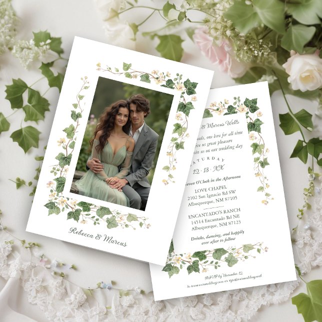 Convite Romantic Ivy and Floral Frame Wedding Photo (Romantic Ivy and Floral Frame Wedding Photo Invitation Cards.)