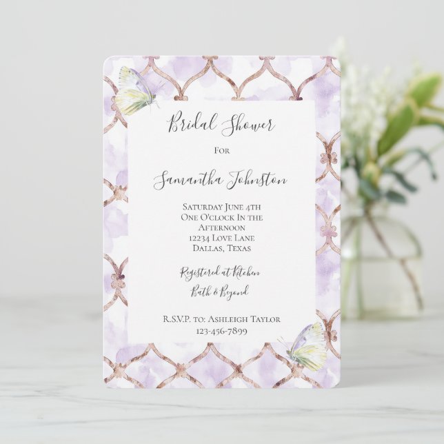 Convite Romantic Lavender Green Butterflies Bridal Shower (Em pé/Frente)