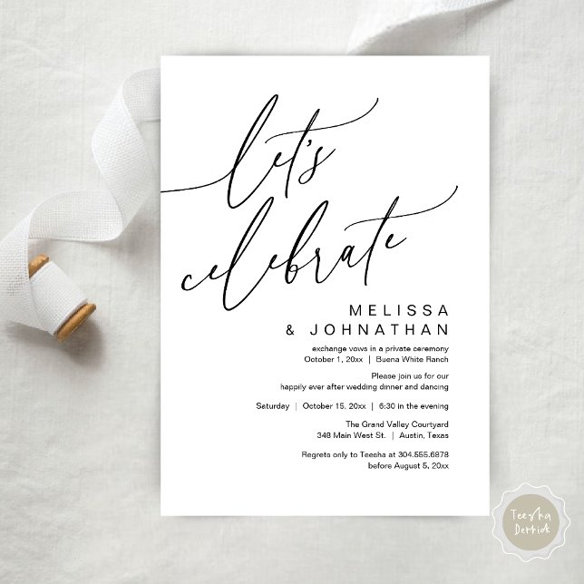Convite Romantic Let's Celebrate Wedding Elopement Party (Let's Celebrate, Romantic Charm Wedding Elopement Dinner Party Brunch Invites Card PDF White Black)
