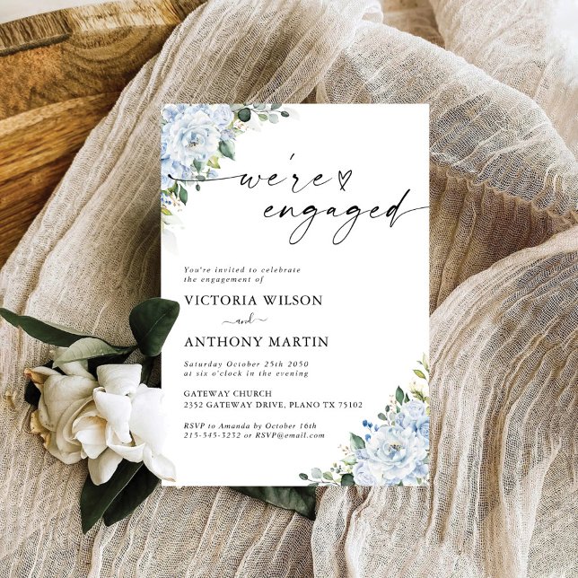 Convite Romantic Light Blue Floral Engagement Party  (Criador carregado)