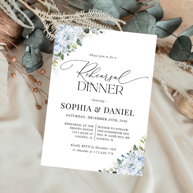 Convite Romantic Light Blue Floral Rehearsal Dinner  (Criador carregado)
