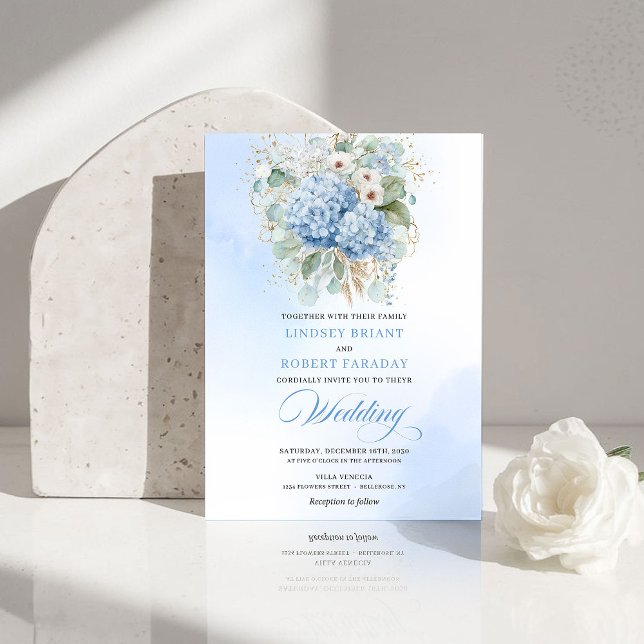 Convite Romantic Light Blue Hydrangea Gold Wedding Invite (Romantic Light Blue Hydrangea Gold Wedding Invite)
