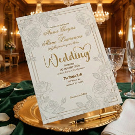 Convite Romantic Line Art Rose Faux Gold Foil Wedding 