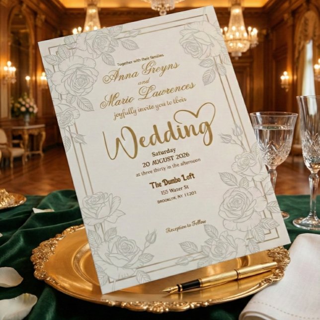 Convite Romantic Line Art Rose Faux Gold Foil Wedding  (Criador carregado)