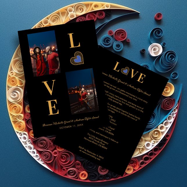 Convite Romantic Love blue Heart Fake Lace 2 Multi PHotos (Romantic Love blue Heart Fake Lace & Fake Golden Effect Classic 2 Photos Collage Wedding Invitation.)