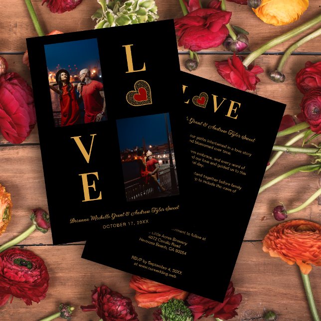 Convite Romantic Love Red Lace Heart 2 Multi Photos  (Romantic Love Red Heart Fake Lace and Fake Golden Effect Simple Classic 2 Photos Collage Invitation.)