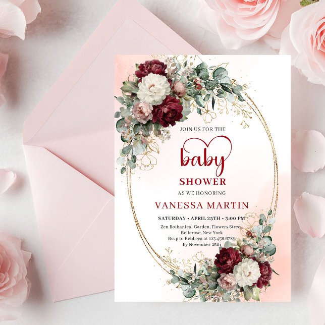 Convite Romantic Maroon Floral Gold Baby Shower Invite (Romantic Maroon Floral Gold Baby Shower Invite

)