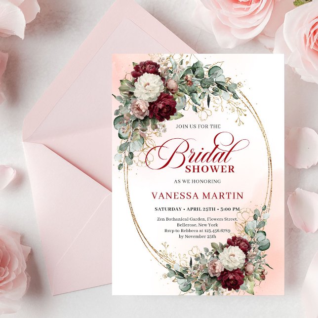 Convite Romantic Maroon Floral Gold Bridal Shower Card (Romantic Maroon Floral Gold Bridal Shower Card

)