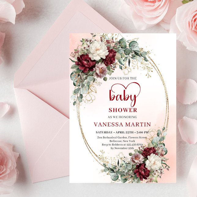 Convite Romantic Marsala Flowers Heart-Shaped Font Baby  (Romantic Marsala Flowers Heart-Shaped Font Baby Shower Invite)