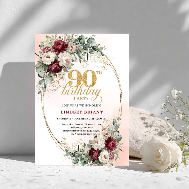 Convite Romantic Marsala Peonies Eucalyptus 90th Birthday  (Romantic Marsala Peonies Eucalyptus 90th Birthday Invite)