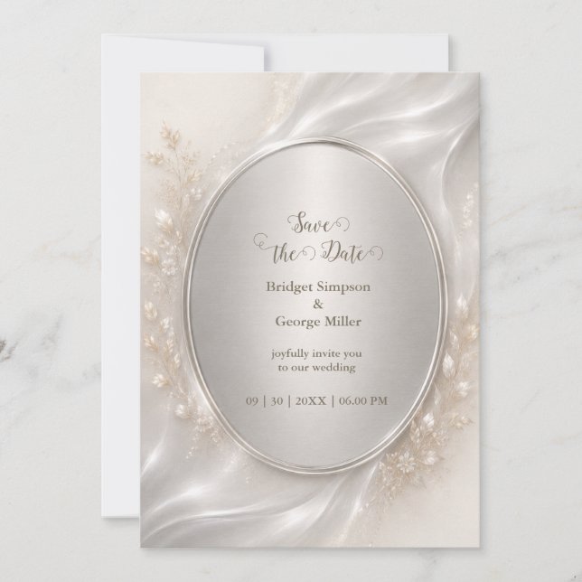Convite Romantic metallic Silver Oval Wedding Botanicals (Frente)