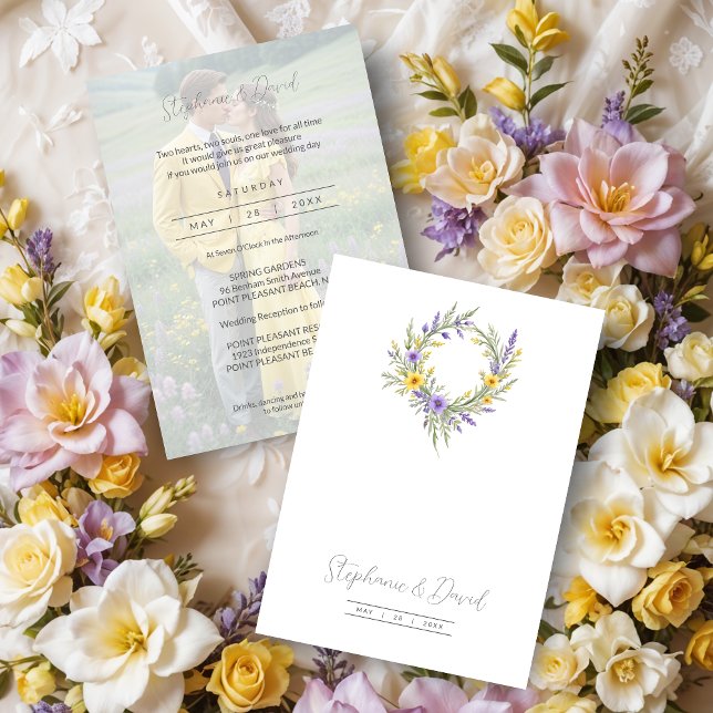 Convite Romantic Minimalist Wedding Yellow Lavender Wreath (Romantic Minimalist Wedding Yellow & Lavender Wreath Photo Invitations Cards. )