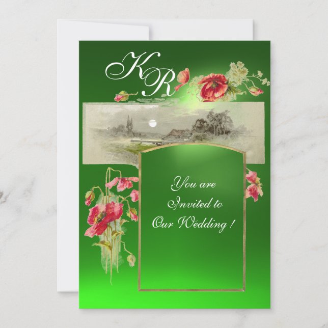 Convite ROMANTİC MONOGRAM / POPPIES,red,green emerald (Frente)