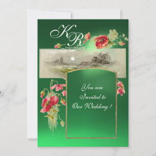 Convite ROMANTİC MONOGRAM / POPPIES,vermelho,jade verde