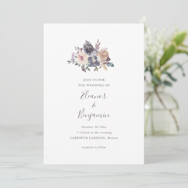 Convite Romantic Moody Plum Watercolor Floral Wedding (Em pé/Frente)