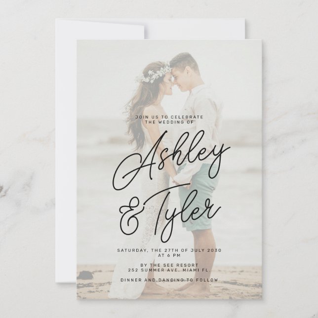 Convite Romantic names script overlay photo wedding (Frente)
