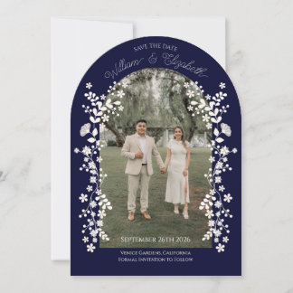 Convite Romantic Navy Blue Floral Arch Save the Date