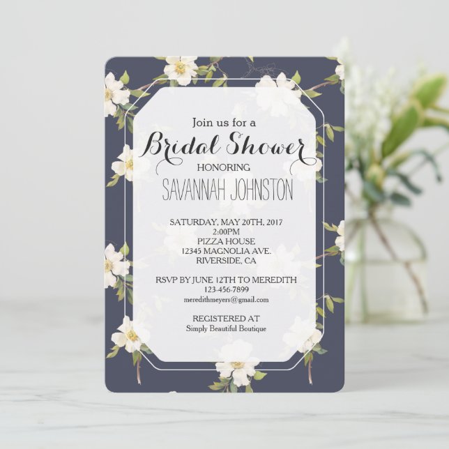 Convite Romantic Navy Blue White Floral Bridal shower (Em pé/Frente)