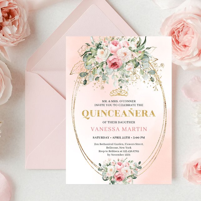 Convite Romantic Pale Pink Rose Gold Quinceañera Card (Romantic Pale Pink Rose Gold Quinceañera Card

)