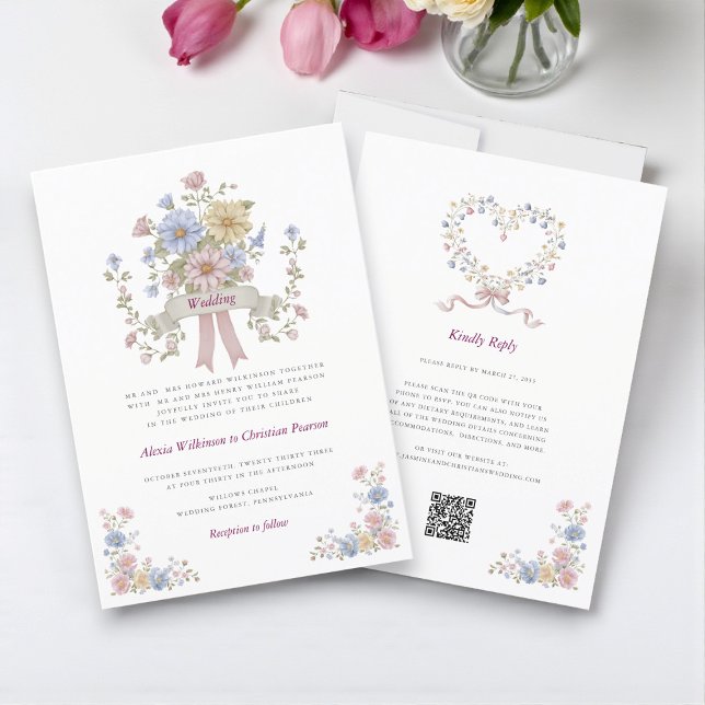 Convite Romantic Pastel Floral all in one wedding qr code  (Criador carregado)