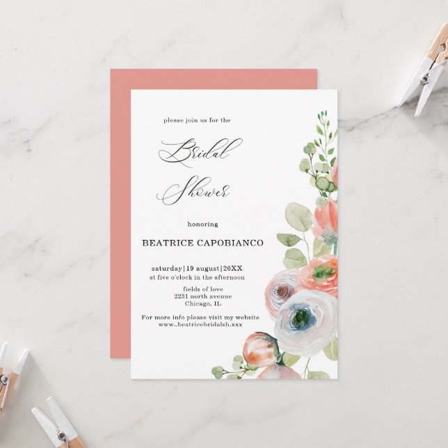 Convite Romantic Peach Coral Floral Bridal Shower Card (Frente/Verso In Situ)