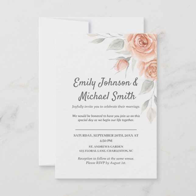 Convite Romantic Peach Watercolor Roses Wedding Invitation (Frente)