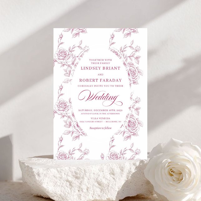 Convite Romantic Pink and White Rose Pattern Wedding (Romantic Pink and White Rose Pattern Wedding Invite)