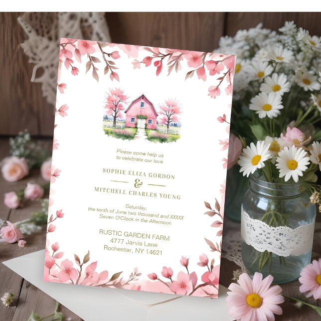 Convite Romantic Pink Barn Rustic Landscape Floral Frame (Romantic Pink Barn in Rustic Landscape and Cute Floral Frame Wedding Invitations Cards. )