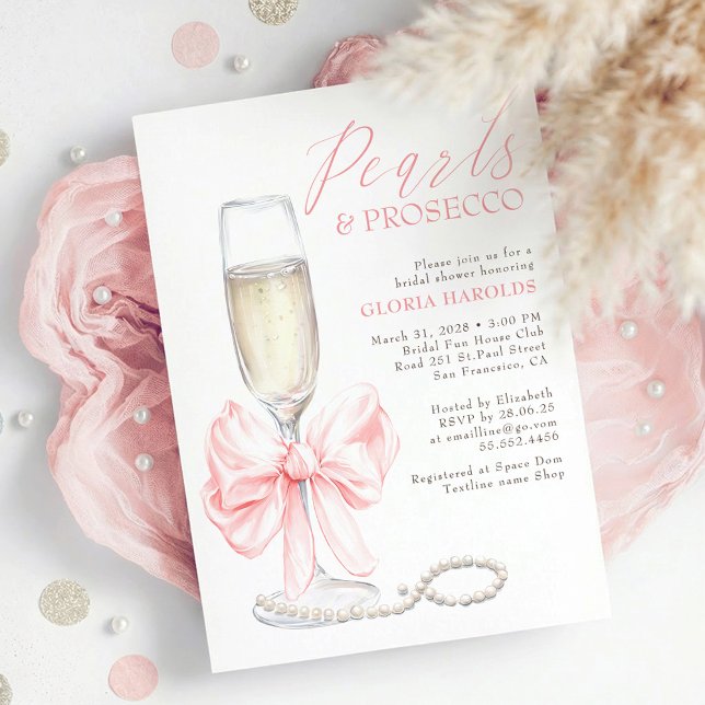 Convite Romantic Pink Bow Pearls & Prosecco Bridal Shower (Pink Bow Pearls and Prosecco Elegant Romantic Bridal Shower Invitation)