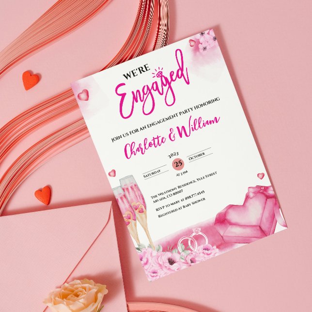 Convite Romantic Pink Floral Engagement Party Engaged (romantic engagement party invitations we're engaged modern elegant floral engaged couple watercolor )