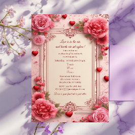 Convite Romantic Pink Heart Motifs Valentine Party Floral 