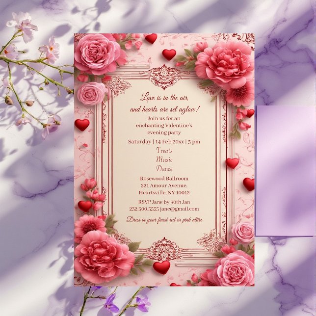 Convite Romantic Pink Heart Motifs Valentine Party Floral  (Romantic Pink Heart Motifs Valentine Party Floral Invitation)