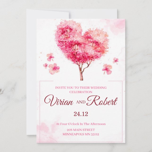 Convite Romantic Pink Heart Tree Watercolor Wedding Invita (Frente)