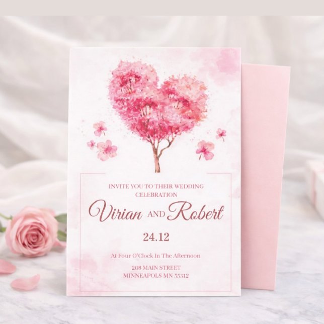 Convite Romantic Pink Heart Tree Watercolor Wedding Invita (Criador carregado)