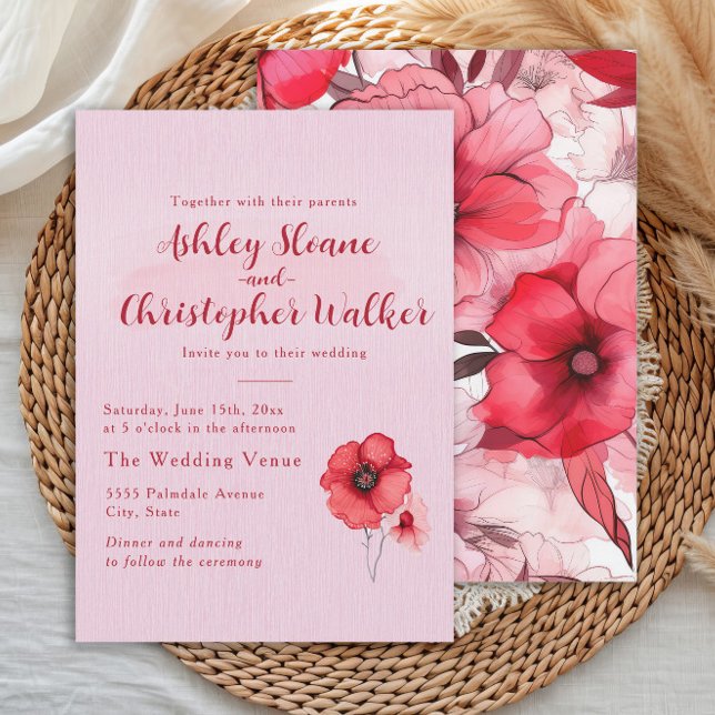 Convite Romantic Pink Red Floral Wedding (Romantic pink and red watercolor floral wedding invitation)