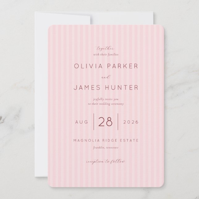 Convite Romantic Pink Striped Wedding Invitation (Frente)