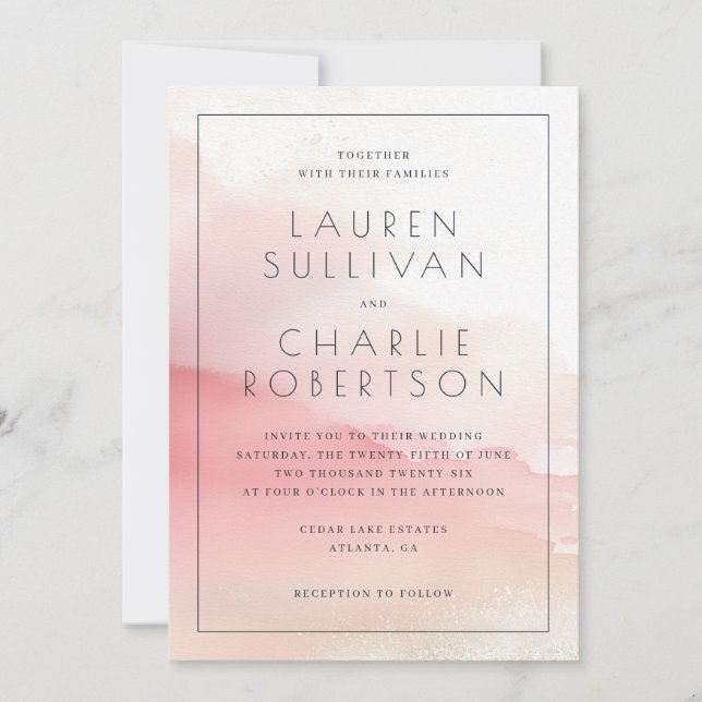 Convite Romantic Pink Watercolor Wedding Invitation (Frente)