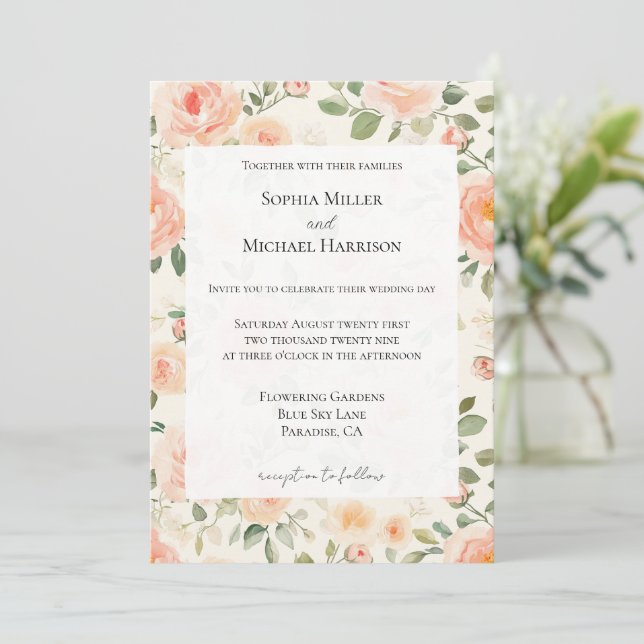 Convite Romantic Pretty Cream Peach Floral Wedding (Em pé/Frente)