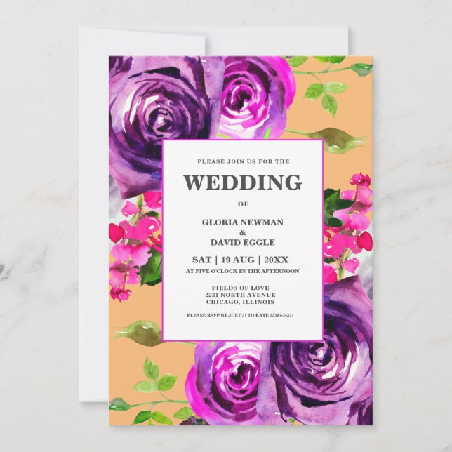 Convite Romantic Purple Floral Wedding Invitation (Frente)