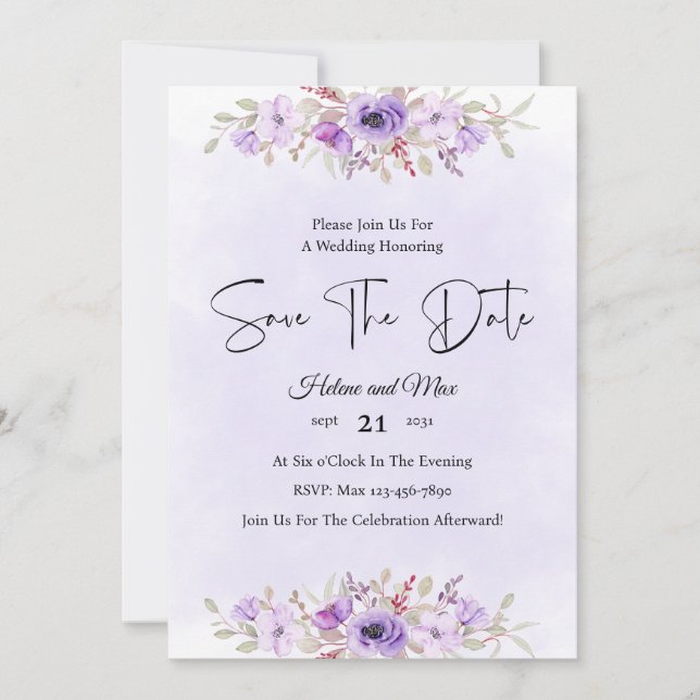 Convite Romantic Purple Floral Wedding Save the Date (Frente)